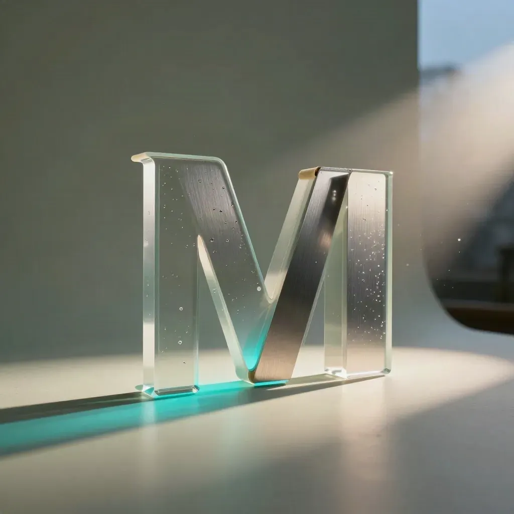 Motion branding installation with acrylic forms, steel fins, cyan projection ribbon, and dramatic light
