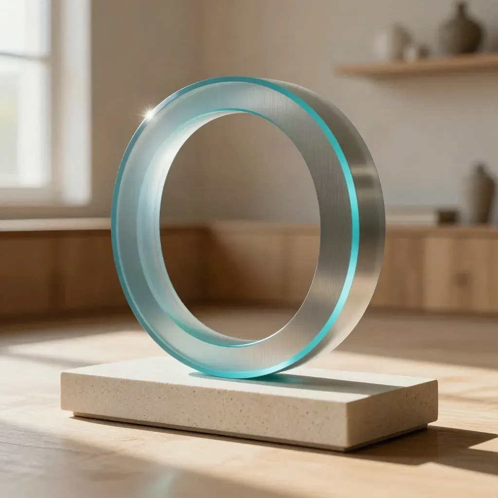 Translucent acrylic arcs on a stone plinth with a cyan loop of light in a warm loft.