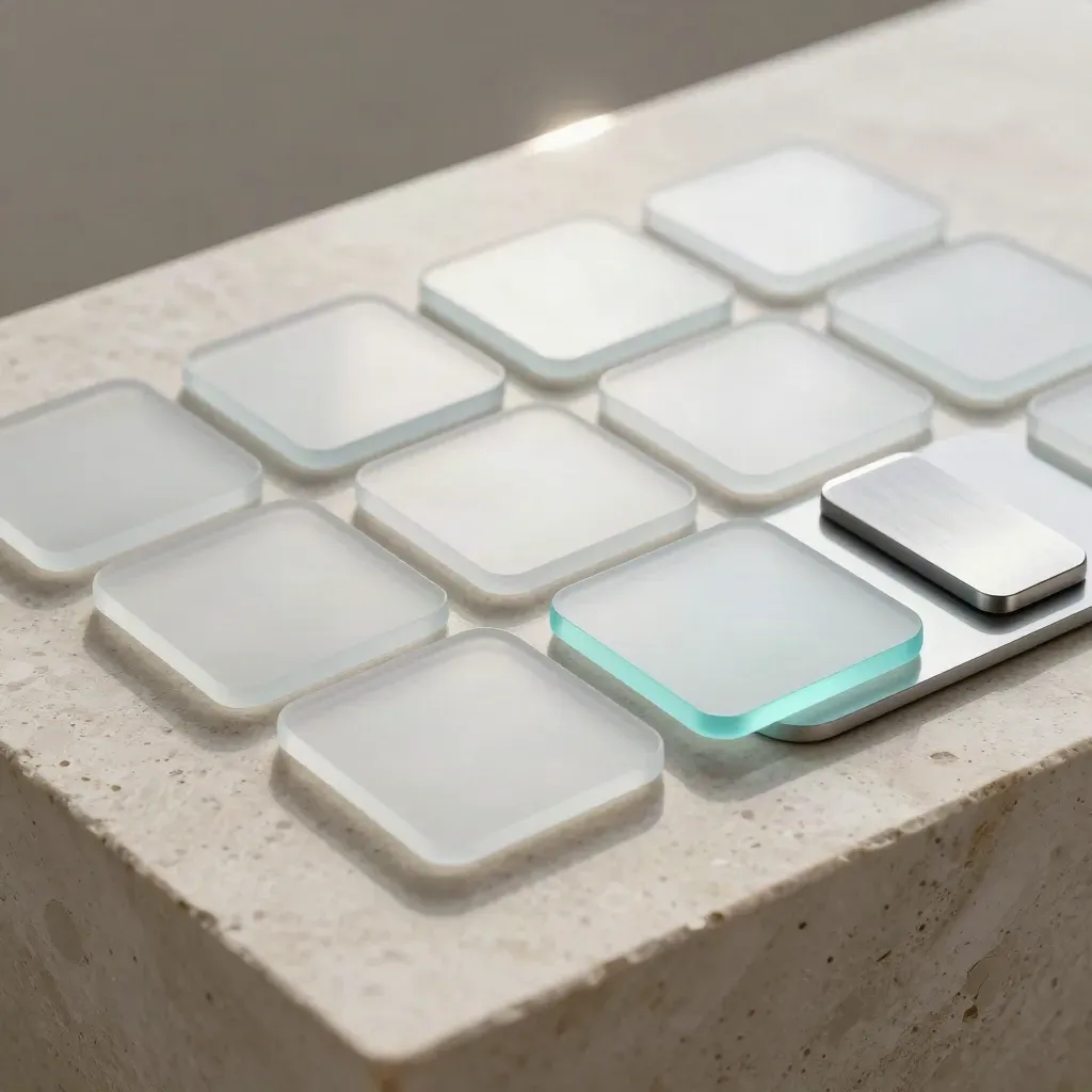 Top-down frosted UI tiles and acrylic cards on pale stone with a cyan edge flare.