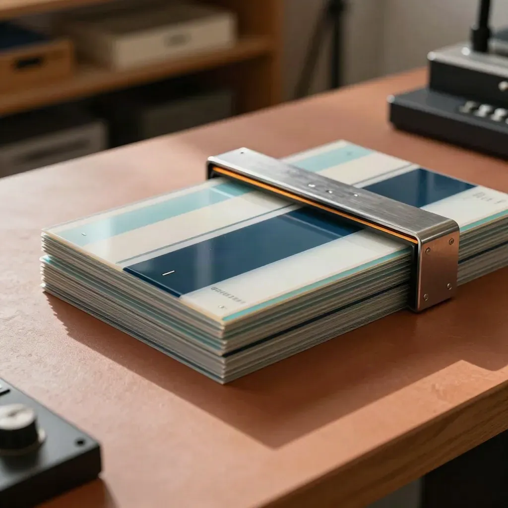 Branded edit stack with acetate sheets and a polished splice block on a warm studio bench.
