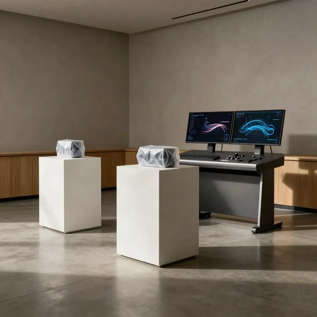 Moody fintech launch room with glowing display pedestals, wrapped prototype, and motion-deck station.