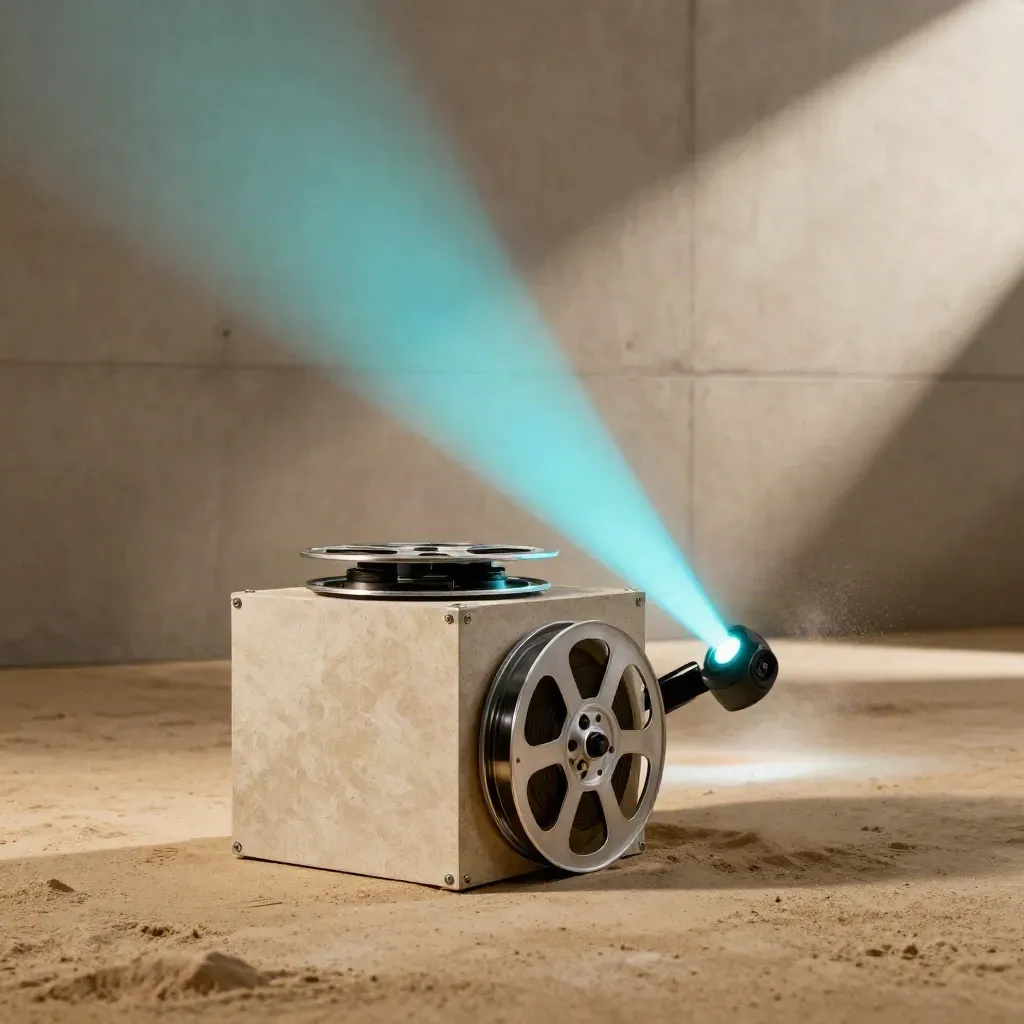 Electric cyan projection sweeps across a motion studio setup with cases and a textured cube.