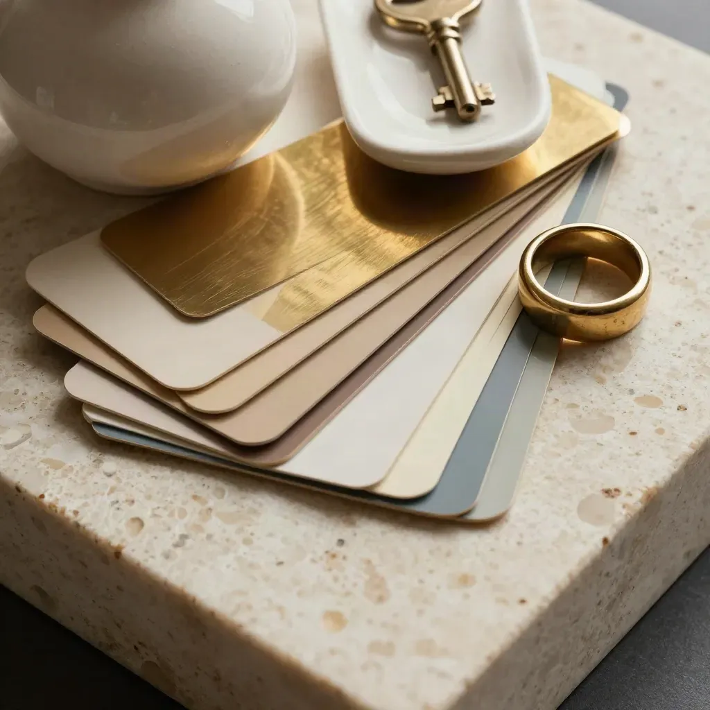 Creative director still life of swatches, ceramic form, brass fan, and sample ring on travertine.