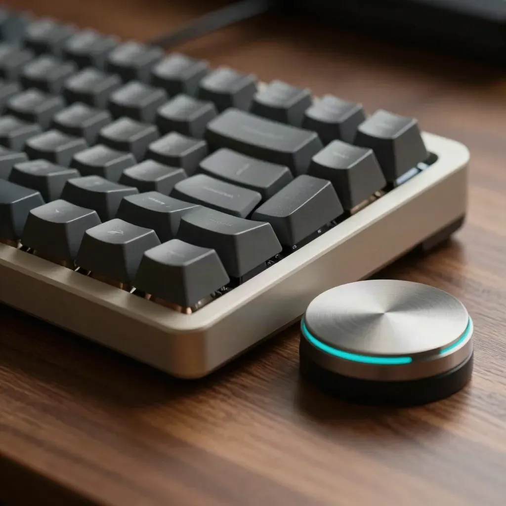 Macro of a motion designer’s tablet, keyboard, macro keypad and calibration puck on walnut light.