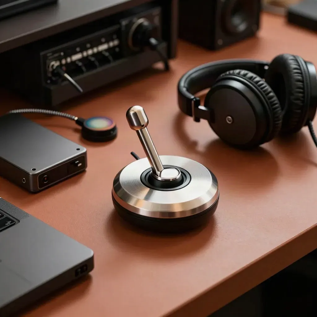 Video editor tools on a terracotta bench: jog wheel, RAID drive, color puck, and headphones.