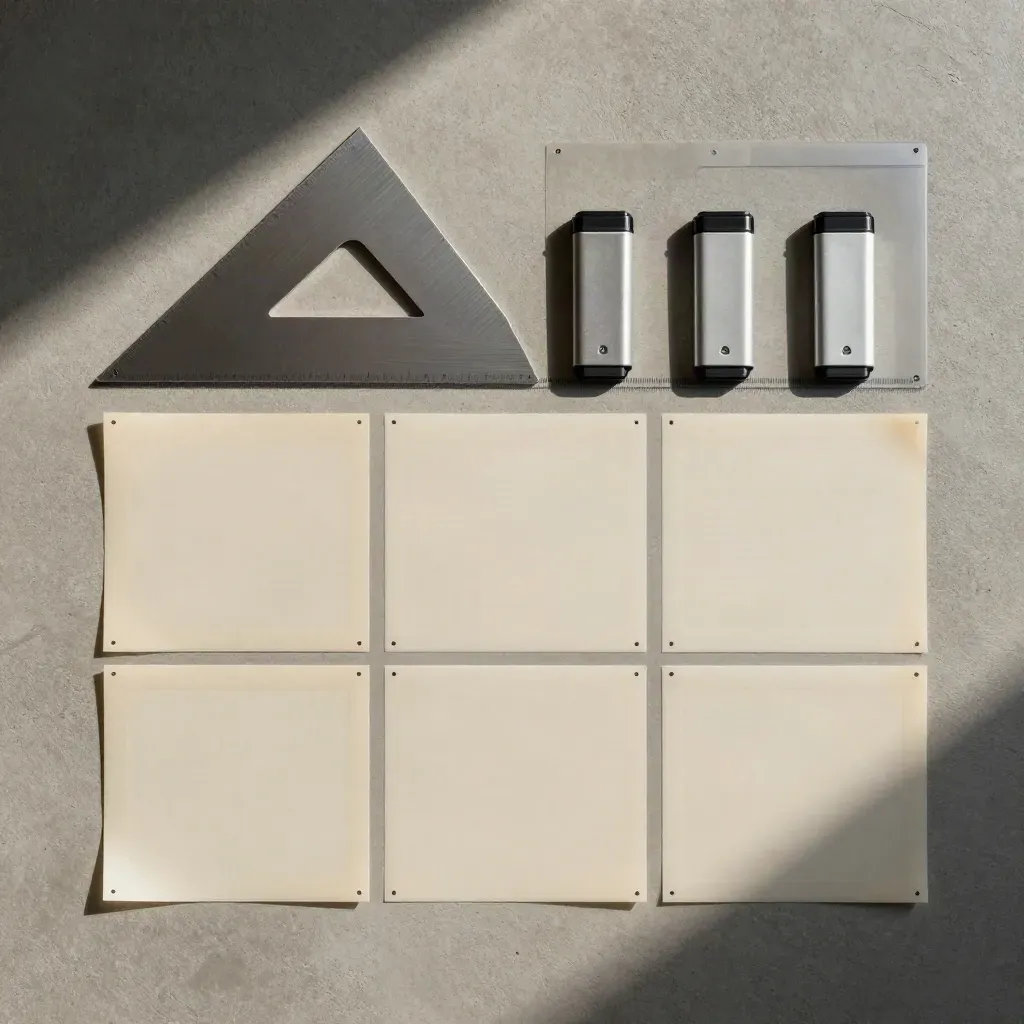 Overhead flatlay of blank storyboard acetate, scene markers, and a drafting triangle on concrete.