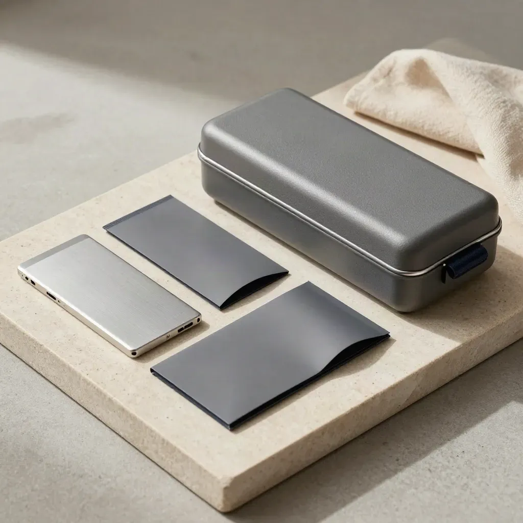 Brushed SSD kit with archival sleeves and transport case on a stone tray in soft light