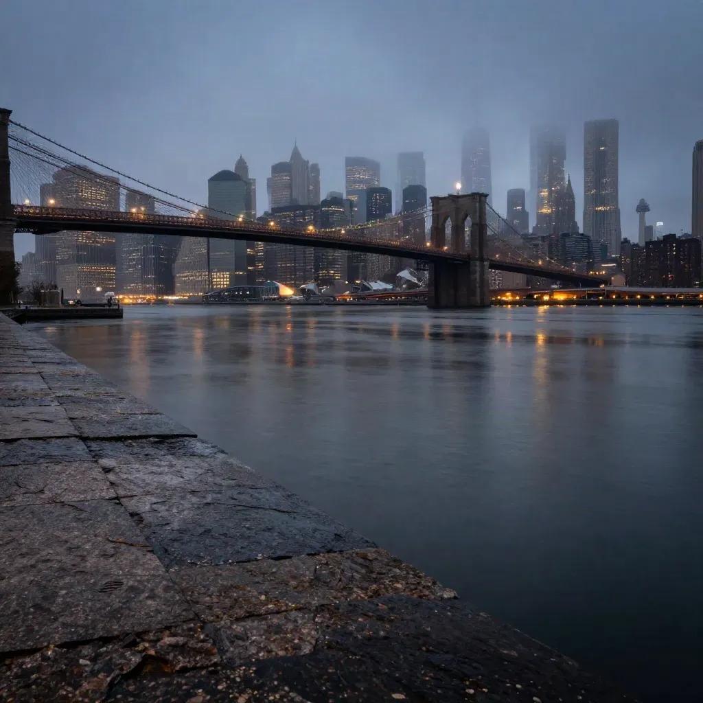 Rainy blue-hour New York skyline above a calm river edge and bridge in mist.